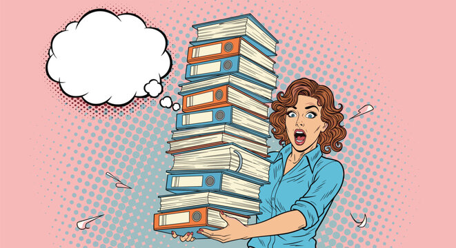 Stressed woman looking overwhelmed while carrying a massive stack of business folders and books with a blank thought bubble overhead.