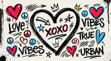 Graffiti art background featuring a large central heart with xoxo text, surrounded by smaller hearts, peace signs, and urban words © S.Siam