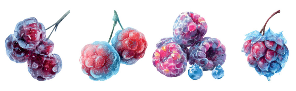 Watercolor painting depicting frozen berries, including raspberries and blueberries, with icy textures and cold color palettes, symbolizing freshness, winter, and frosty sweetness