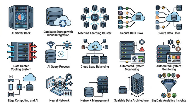 Collection of Cloud Computing and Data Storage Technology Icons.