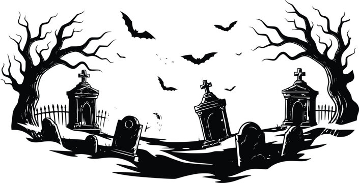 Hand Drawn Haunted Graveyard Vector Illustration Halloween Cemetery Scene