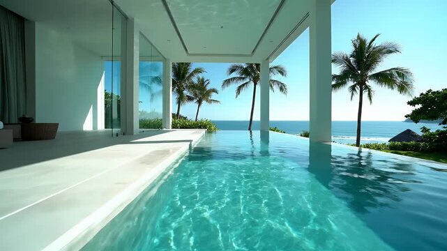 A stunning modern luxury villa with a shimmering infinity pool overlooking the vast blue ocean and swaying palm trees under a clear sky, offering a serene tropical escape.