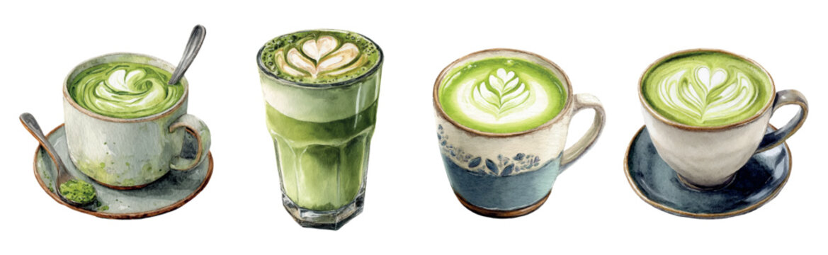 Watercolor painting of assorted matcha green tea lattes in cups and a glass with intricate foam latte art, evoking wellness, clean eating, calm and natural refreshment