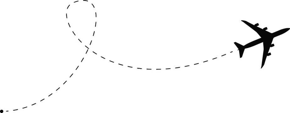Airplane flight path with dashed line on white background