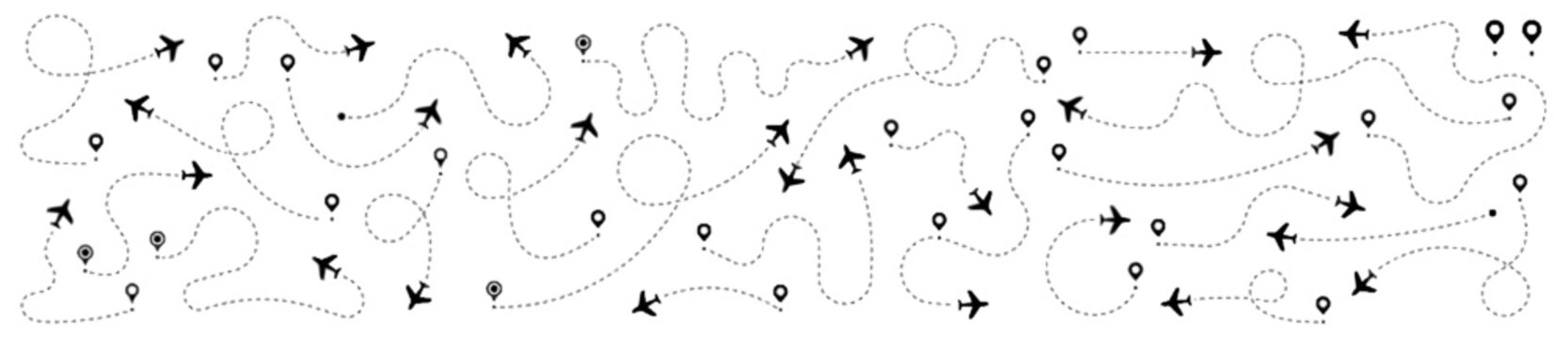 Airplane flight paths with map pins, travel route illustration