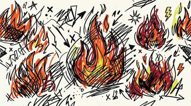 Hand drawn fire flame doodles set with scribbles and arrows