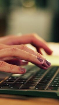 Review, keyboard or hands in office with laptop, trend research or email feedback on creative pitch. Typing, space or marketing director with tech, project update or proposal draft for brand campaign