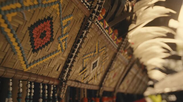 Close up of intricate handmade rattan weaving and tribal bead ornaments