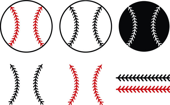 Baseball ball icons and stitching elements set, vector sports design