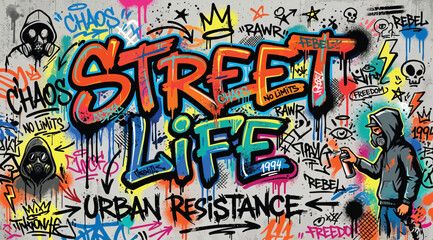 Street life urban resistance graffiti mural with characters and text © S.Siam