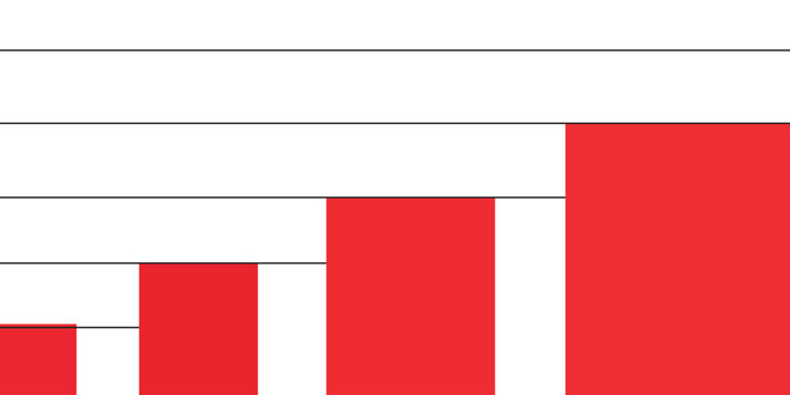 Business growth bar chart illustration with red columns and horizontal grid lines. Minimalist financial data concept representing success, progress, and statistical analysis.