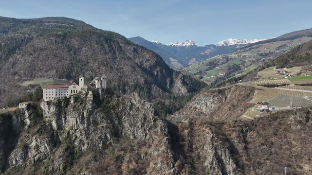 Cinematic Receding Drone Flight Over S&auml;ben Abbey North Ridge