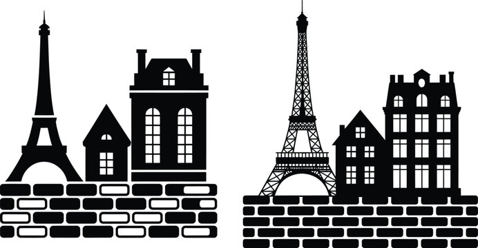 Paris city skyline silhouette vector illustration. eiffel tower and classic parisian buildings on a brick wall for travel and architecture design with buildings