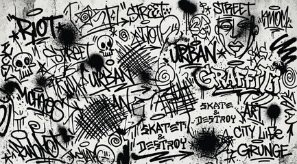 Black and white graffiti wall background with urban street art tags and sketches © Saharia