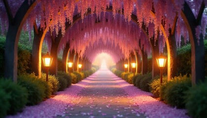 Fototapeta premium Illuminated path lined with wisteria trees, petals littering ground. Old lamps glow along garden walkway towards bright archway, creating magical, romantic ambiance for walk.