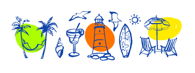 Hand drawn sketch tropical sticker set. Dolce vita summer vibe. Vintage summer Italy Mediterranean coastal vacation collection. Vector isolated illustration © pim