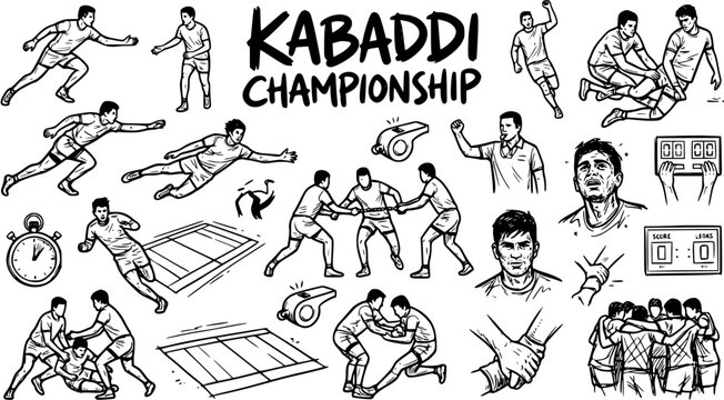 Black  White Line Art Kabaddi Championship Set: Hand-Drawn Sports Illustrations with Players, Referee, Stopwatch, Whistle  Scoreboard