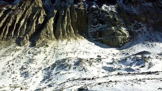 Sea of ​​Ice Glacier, aerial view. Glacial valley with ice and rocks. Panoramic view of the largest glacier in France. Chamonix-Mont Blanc. French Alps.