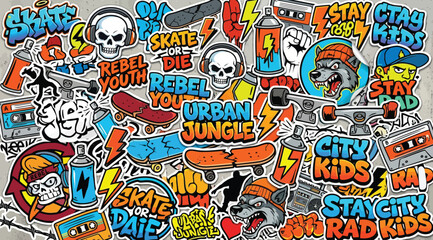 Urban jungle graffiti sticker bomb pattern with skateboards, skulls, and street art elements © S.Siam