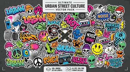Ultimate urban street culture vector pack with graffiti elements and stickers © S.Siam