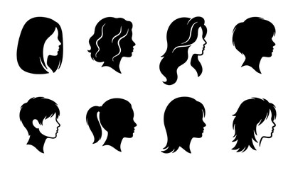 Diverse Female Hair Silhouette Collection, Woman Hairstyle Icons, Elegant Profile Portraits, Beauty Salon Graphics, Vector Set © Jannatul