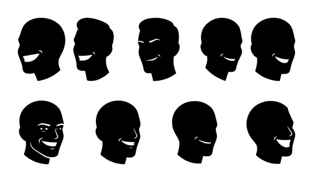 Diverse Human Face Silhouettes, Expressing Joyful Smiles, Vector Icons Set for Communication and Emotion Concepts