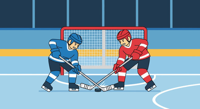 Hockey players competing for puck on ice rink