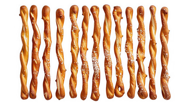 Baked savory pretzel bread sticks in a row isolated on transparent background