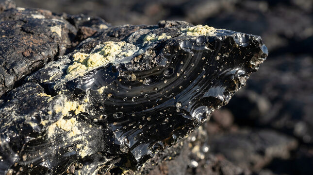 Macro of Obsidian Lava Flow Edge with Vesicles and Sulfur Mineral Crust