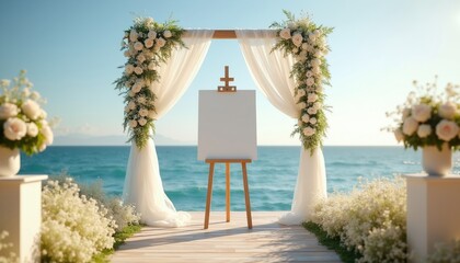 Fototapeta premium Elegant wedding altar decor with floral arch and blank sign awaits guests by the ocean. White flowers, sheer drapes, and wooden path create romantic seaside ceremony setting.