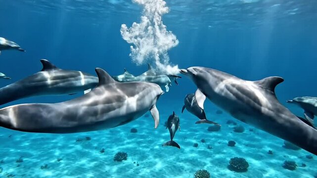 Graceful dolphins swim in clear blue ocean waters, one creating a large bubble ring, demonstrating intelligent marine life and playful interaction