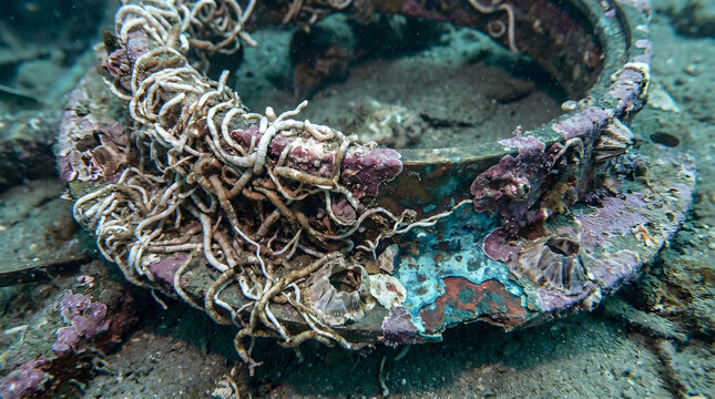 Macro of Bio-Encrusted Bronze Porthole Rim from Shipwreck with Verdigris and Coralline Algae