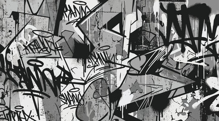 Grayscale graffiti wall background with abstract street art tags and spray paint textures © Saharia