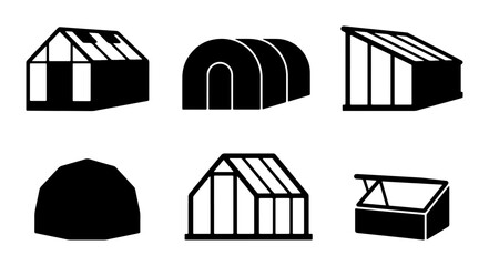 Greenhouse Icons Set, Garden Structures Collection, Agricultural Building Silhouettes, Horticulture Shelter Vector Graphics © Jannatul