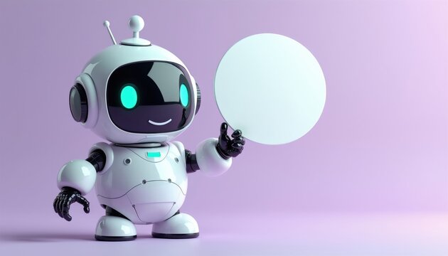 Cute chibi robot with glowing eyes holds blank circle for message. This friendly chatbot offers communication space. Use for AI, tech support, or creative ideas.