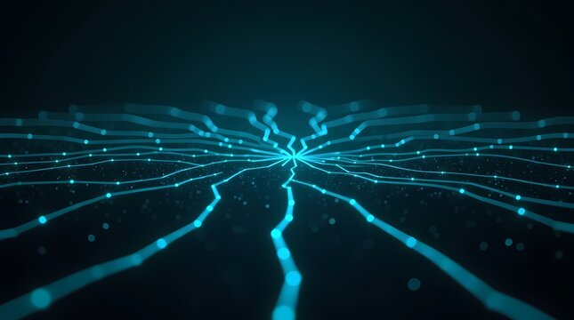 Futuristic blue digital neural network with glowing lightning lines and data particles. Perfect for artificial intelligence, big data, and cyber security tech concepts.