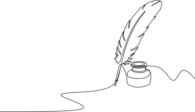 Continuous one line drawing of vintage feather quill pen with inkwell bottle retro literature contract writing history vector illustration.