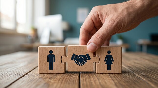 Divorce Resolution: A hand places the final puzzle piece, symbolizing agreement, between two figures representing a couple.