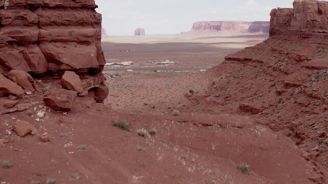 Drone of desert sand to Utah Monument Valley.
