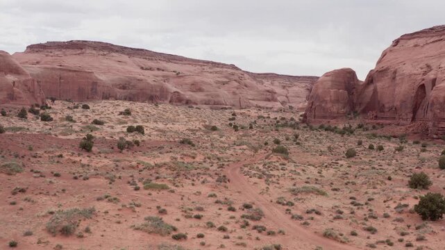 Drone inside Monument Valley desert.