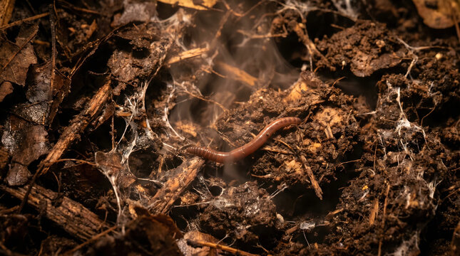 Macro of Active Compost Heap Interior with Mycelium Threads Brandling Worm and Steam
