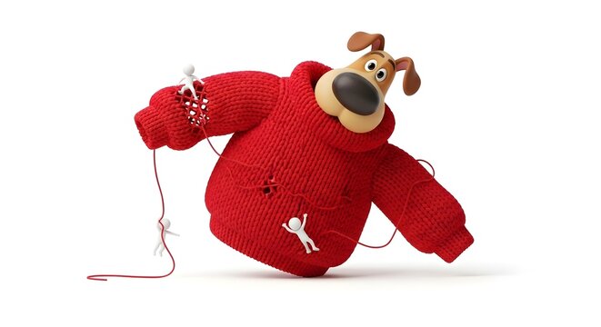 Cartoon dog in a red sweater with tiny figures