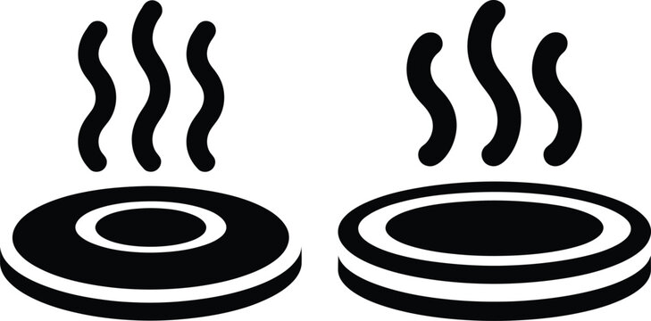 Two vector icons representing heat or steam wavy lines rising from hot circular objects symbolizing high temperature or warmth temperature evaporation