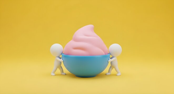 Tiny figures carrying a large bowl of pink cream