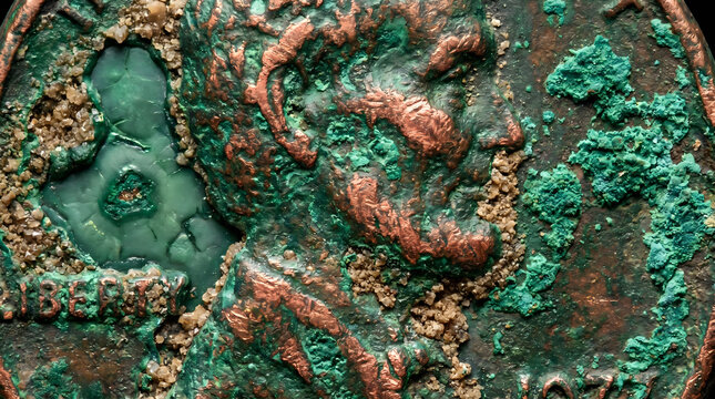 Macro of Ancient Bronze Coin Surface with Malachite Patina and Calcite Mineral Encrustations