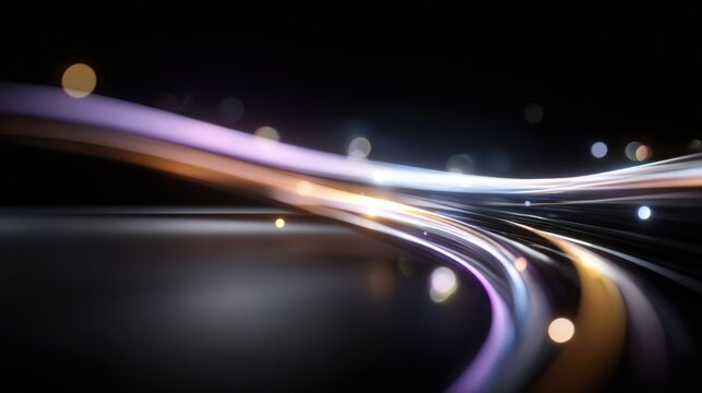 Dynamic light streams flow across a dark, abstract digital landscape creating streaks of illumination.