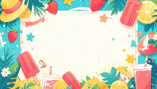 Cute Picnic Border Summer Background with Watercolor Watermelon, Popsicles, and Sun Hats. Sweet Pastel Border Frame Template for Holiday Sale and Kids Invitation