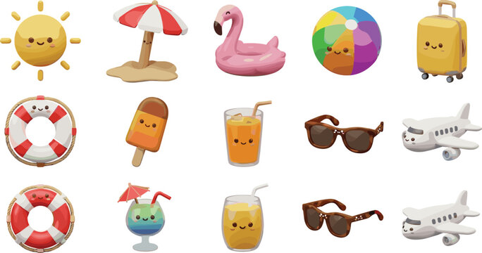Cute Summer Vacation Cartoon Vector Set with Sun, Beach Ball, Flamingo Float, Ice Cream, Airplane, and Travel Elements