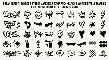Urban graffiti symbol and street markings vector pack, black and white editable graphics © Saharia