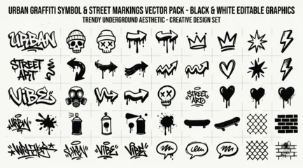 Fotobehang Graffiti Urban graffiti symbol and street markings vector pack, black and white editable graphics  © Saharia